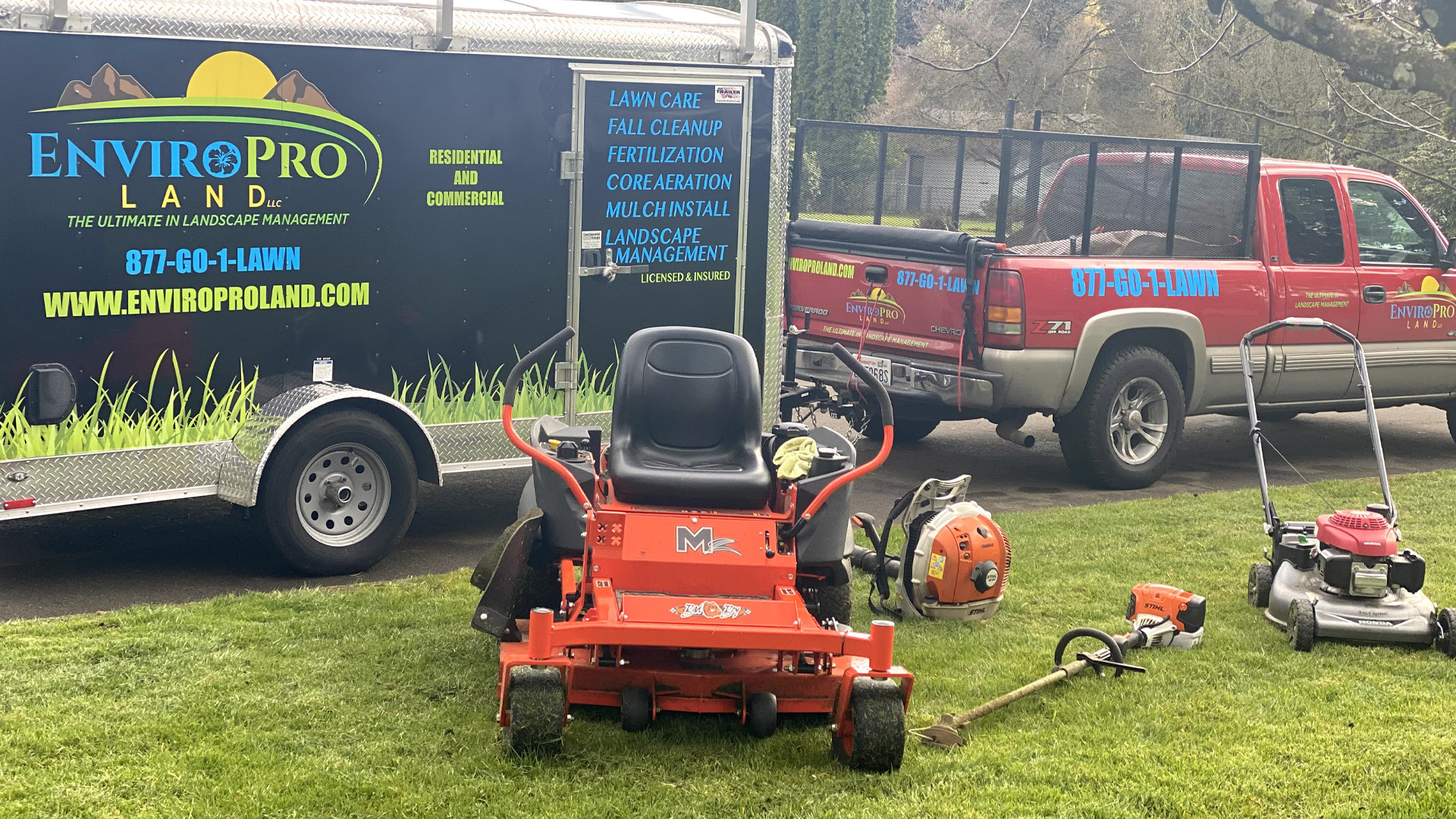 Our company truck, trailer, and lawn equipment.